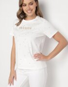 defox Tricou Alb din Bumbac cu Zirconii și Inscripție Nalanielle
