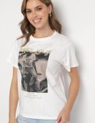 defox Tricou Alb din Bumbac Decorat cu Imprimeu și Sclipici Marionel