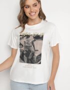 defox Tricou Alb din Bumbac Decorat cu Imprimeu și Sclipici Marionel