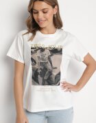 defox Tricou Alb din Bumbac Decorat cu Imprimeu și Sclipici Marionel