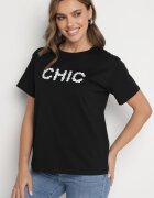 defox Tricou negru de bumbac cu imprimeu și perle Nalinor