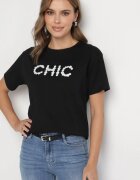 defox Tricou negru de bumbac cu imprimeu și perle Nalinor