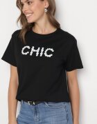 defox Tricou negru de bumbac cu imprimeu și perle Nalinor