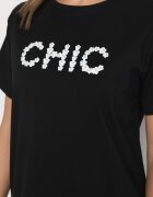 defox Tricou negru de bumbac cu imprimeu și perle Nalinor
