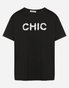 defox Tricou negru de bumbac cu imprimeu și perle Nalinor