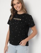 defox Tricou negru din Bumbac cu Strassuri și cu Imprimeu Nalanielle