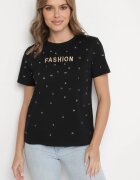 defox Tricou negru din Bumbac cu Strassuri și cu Imprimeu Nalanielle