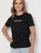 defox Tricou negru din Bumbac cu Strassuri și cu Imprimeu Nalanielle