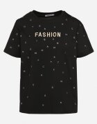 defox Tricou negru din Bumbac cu Strassuri și cu Imprimeu Nalanielle