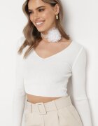 elsa.m by may Bluză Albă Scurtă din Tricot Reiat cu Floare Legată la Gât Invicala