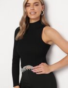 elsa.m by may Bluză Asimetrică Neagră pe un Umăr cu Franjuri cu Strasuri Laiwau