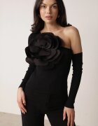 elsa.m by may Bluză neagră asimetrică din viscoză reiată cu floare decorativă Badian
