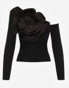 elsa.m by may Bluză neagră asimetrică din viscoză reiată cu floare decorativă Badian