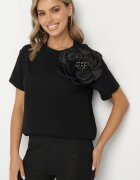 elsa.m by may Bluză Neagră de Bumbac cu Aplicație Florală și Zirconii Quavia
