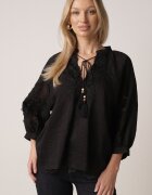 elsa.m by may Bluză Neagră Rustică din Tencel Decorată cu Șiret Dantelă și Mărgele Sachi