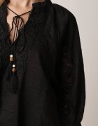 elsa.m by may Bluză Neagră Rustică din Tencel Decorată cu Șiret Dantelă și Mărgele Sachi