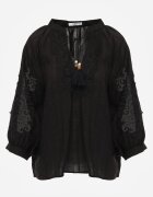 elsa.m by may Bluză Neagră Rustică din Tencel Decorată cu Șiret Dantelă și Mărgele Sachi