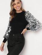elsa.m by may Bluză Negru-Argintiu cu Mâneci Bufante cu Paiete și Finisaj Metalic Rubira