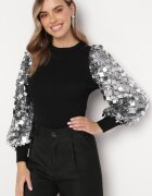 elsa.m by may Bluză Negru-Argintiu cu Mâneci Bufante cu Paiete și Finisaj Metalic Rubira
