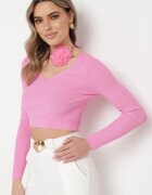 elsa.m by may Bluză Scurtă Fuchsia din Tricot Reiat cu Floare Legată la Gât Invicala