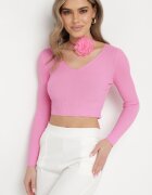 elsa.m by may Bluză Scurtă Fuchsia din Tricot Reiat cu Floare Legată la Gât Invicala