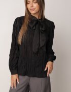 elsa.m by may Bluză Tip Cămașă Neagră cu Țesătură Embosată cu Legătură la Decolteu Sepiane