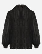 elsa.m by may Bluză Tip Cămașă Neagră cu Țesătură Embosată cu Legătură la Decolteu Sepiane