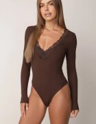 elsa.m by may Body cu mânecă lungă cu model în dungi bogat în vâscoză cu dantelă decorativă Ravique Maro