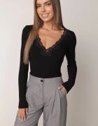 elsa.m by may Body cu mânecă lungă cu model în dungi bogat în vâscoză cu dantelă decorativă Ravique Negru