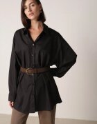 elsa.m by may Cămașă Lungă Neagră Oversize din Bumbac și Viscoză cu Curea cu Cataramă Thessalonike