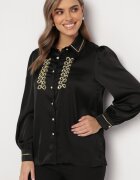 elsa.m by may Cămașă Neagră Satinată cu Guler Decorată cu Zirconii și Perle Classa