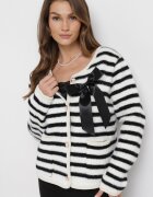 elsa.m by may Cardigan Alb-Negru din Viscoză cu Dungi Decorat cu o Fundă Alathea