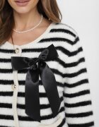 elsa.m by may Cardigan Alb-Negru din Viscoză cu Dungi Decorat cu o Fundă Alathea