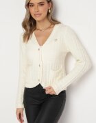 elsa.m by may Cardigan de viscoză bej deschis cu bordură împletită broșă și nasturi bijuterie Heerkani
