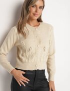 elsa.m by may Cardigan Deschis din Viscoză cu Mărgele Perlate și Embosare Acoperit cu Sclipici Bej Haririda