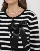 elsa.m by may Cardigan Negru-Alb din Viscoză cu Dungi Decorat cu Fundiță Alathea