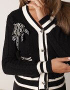 elsa.m by may Cardigan Negru din Viscoză Decorat cu Broșă Fundiță și Textură Flasia
