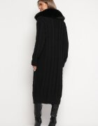 elsa.m by may Cardigan Negru Lung din Viscoză și Guler de Blană Pistarre