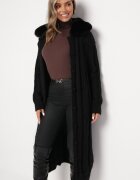 elsa.m by may Cardigan Negru Lung din Viscoză și Guler de Blană Pistarre