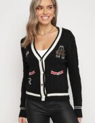 elsa.m by may Cardigan Pulover Negru Din Viscoză cu Decolteu Triunghiular și Aplicații Decorative la Talie