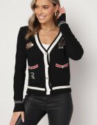 elsa.m by may Cardigan Pulover Negru Din Viscoză cu Decolteu Triunghiular și Aplicații Decorative la Talie