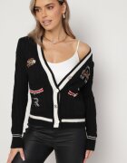 elsa.m by may Cardigan Pulover Negru Din Viscoză cu Decolteu Triunghiular și Aplicații Decorative la Talie