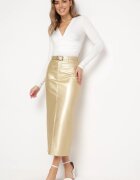 elsa.m by may Fustă Aurie Maxi din Piele ecologică cu Croi creion cu șliț Jile
