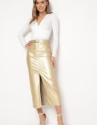 elsa.m by may Fustă Aurie Maxi din Piele ecologică cu Croi creion cu șliț Jile