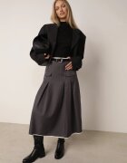 elsa.m by may Fustă Gri Plisată Cloș cu Imitație de Buzunare cu Curea și Elastic în Talie Evisthai