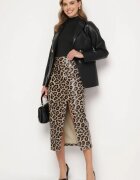 elsa.m by may Fustă Maro Leopard Creion cu Talie Înaltă Decorată cu Șliț Tamirelia