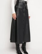 elsa.m by may Fustă Midi Trapezoidală Neagră din Piele Ecologică cu nasturi și curea Stardia