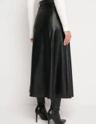 elsa.m by may Fustă Midi Trapezoidală Neagră din Piele Ecologică cu nasturi și curea Stardia