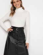 elsa.m by may Fustă Midi Trapezoidală Neagră din Piele Ecologică cu nasturi și curea Stardia