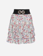 elsa.m by may Fustă Mini Alb-Roz Cloche cu Imprimeu Floral cu Închidere Decorativă și Volane Humaria